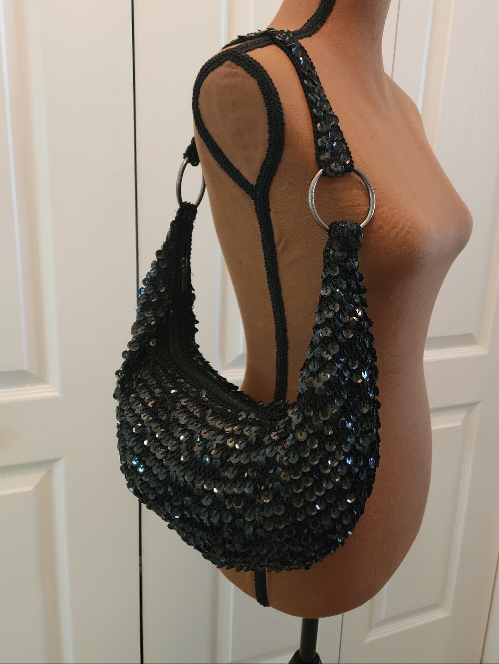 Vintage Bisou Bisou Y2K Black Sequin Hobo Shoulder Bag Handbag Grunge Fairy